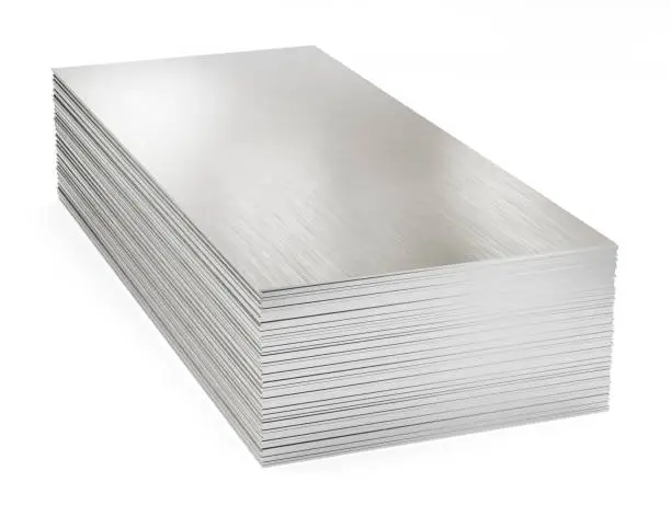 Photo of Stack of steel sheets, warehouse steel plates. Isolated, clipping path included.