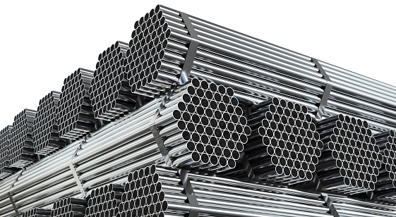 Stack of steel pipes in warehouse, isolated on white background. 3d illustration.