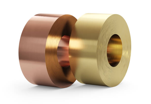 istock Copper and brass sheets in rolls, rolled metal products. Isolated, clipping path included. 1220652580