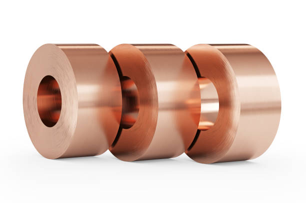 istock Copper sheets in rolls. Warehouse of copper rolls, isolated, clipping path included. 1220652585