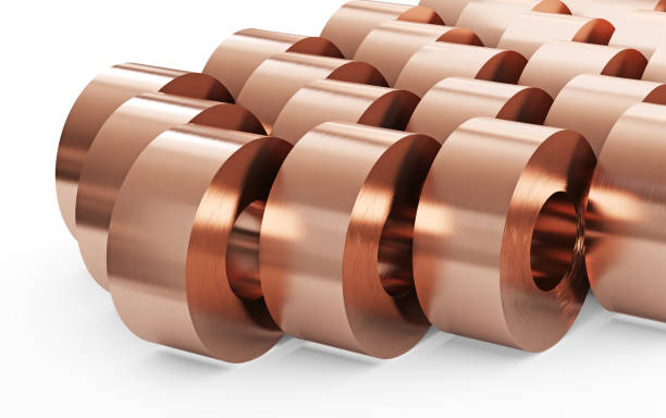 istock Copper sheets in rolls, rolled metal products. Warehouse of copper rolls. Isolated, clipping path included. 1220653096