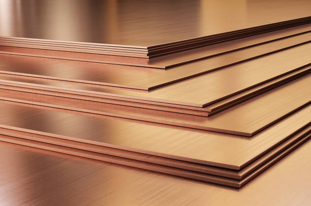 istock Copper sheets. Rolled metal products, close-up. 1220653157