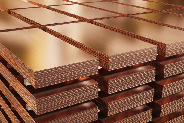 istock Copper sheets, piles of copper metal in warehouse. 1220653310