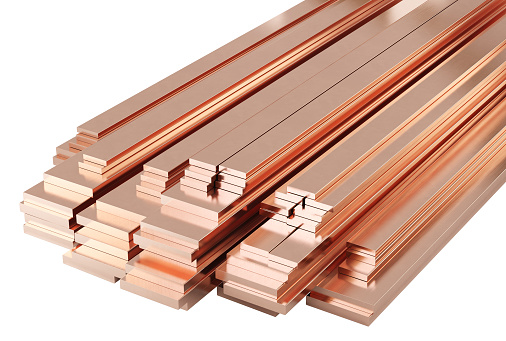 Stack of copper flat bars. Isolated on white background. 3d illustration.