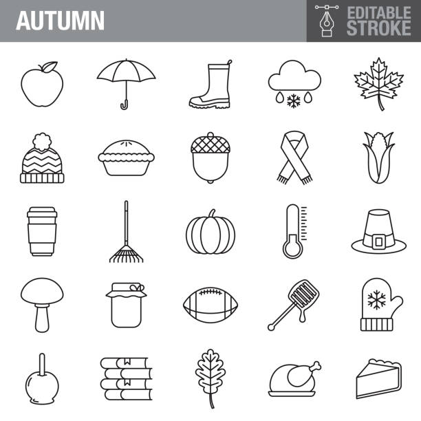 Autumn Editable Stroke Icon Set A set of editable stroke thin line icons. File is built in the CMYK color space for optimal printing. The strokes are 2pt black and fully editable, so you can adjust the stroke weight as needed for your project. toque stock illustrations