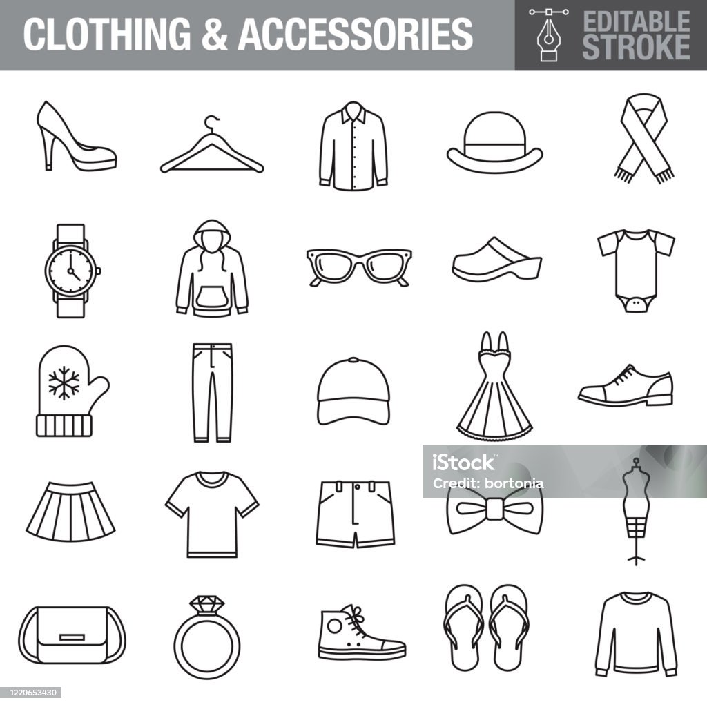Clothing and Accessories Editable Stroke Icon Set A set of editable stroke thin line icons. File is built in the CMYK color space for optimal printing. The strokes are 2pt black and fully editable, so you can adjust the stroke weight as needed for your project. Icon stock vector