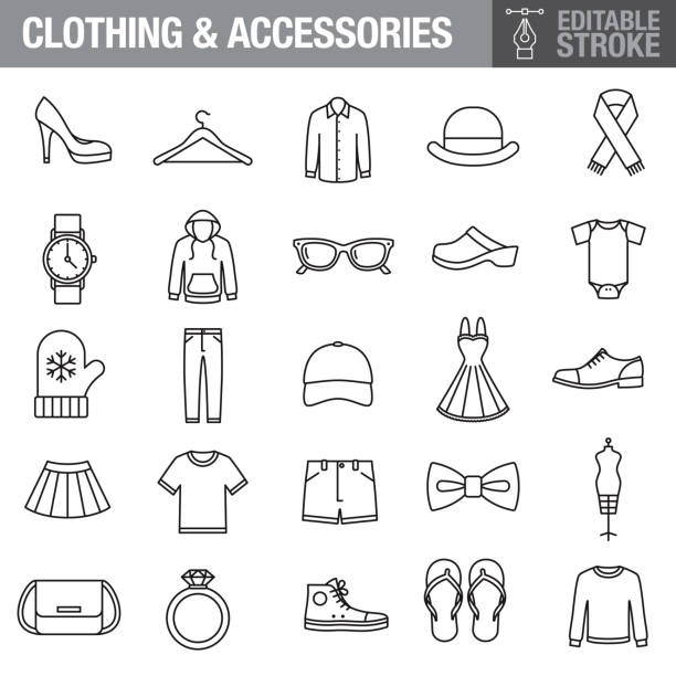 Clothing and Accessories Editable Stroke Icon Set A set of editable stroke thin line icons. File is built in the CMYK color space for optimal printing. The strokes are 2pt black and fully editable, so you can adjust the stroke weight as needed for your project. hat illustrations stock illustrations