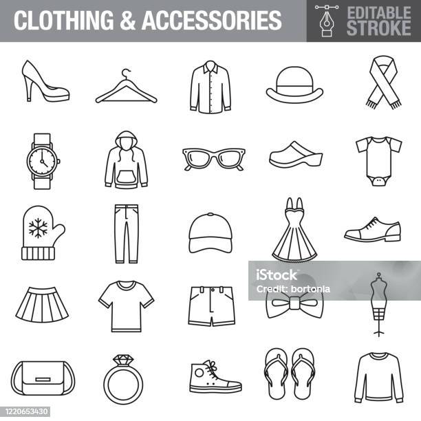 Clothing And Accessories Editable Stroke Icon Set Stock Illustration - Download Image Now - Icon, Clothing, Fashion