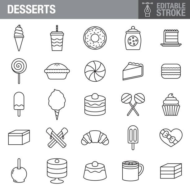 Desserts Editable Stroke Icon Set A set of editable stroke thin line icons. File is built in the CMYK color space for optimal printing. The strokes are 2pt black and fully editable, so you can adjust the stroke weight as needed for your project. chocolate clipart stock illustrations