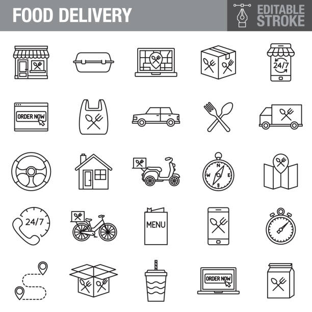 illustrations, cliparts, dessins animés et icônes de ensemble d’icônes d’avc modifiables de livraison de nourriture - restaurant