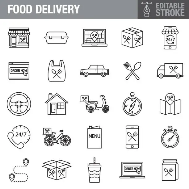 Vector illustration of Food Delivery Editable Stroke Icon Set