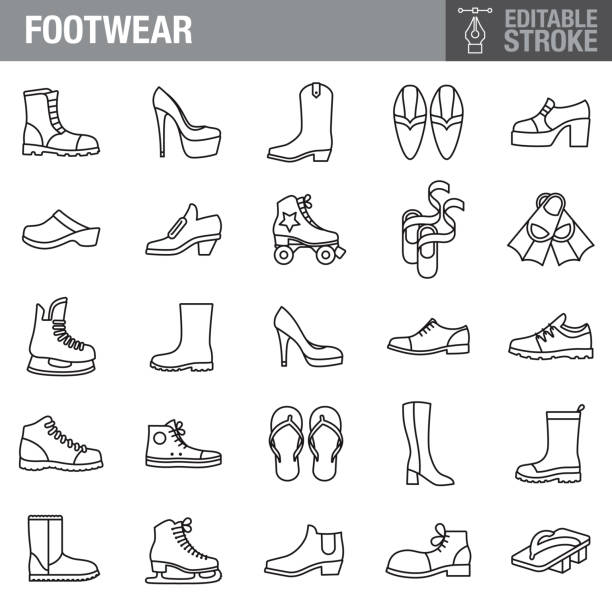 Footwear Editable Stroke Icon Set A set of editable stroke thin line icons. File is built in the CMYK color space for optimal printing. The strokes are 2pt black and fully editable, so you can adjust the stroke weight as needed for your project. dress shoe stock illustrations