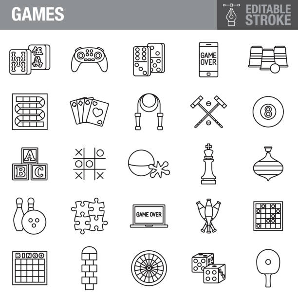Games Editable Stroke Icon Set A set of editable stroke thin line icons. File is built in the CMYK color space for optimal printing. The strokes are 2pt black and fully editable, so you can adjust the stroke weight as needed for your project. board games stock illustrations