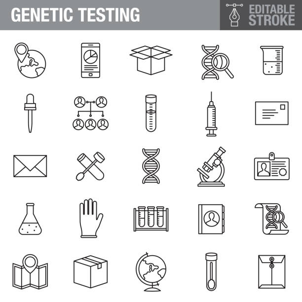Genetic Testing Editable Stroke Icon Set A set of editable stroke thin line icons. File is built in the CMYK color space for optimal printing. The strokes are 2pt black and fully editable, so you can adjust the stroke weight as needed for your project. laboratory stock illustrations