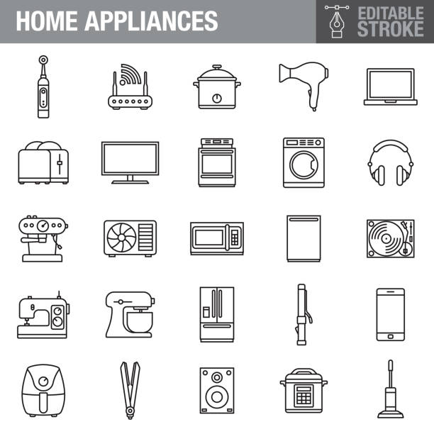 ilustraciones, imágenes clip art, dibujos animados e iconos de stock de electrodomésticos editable stroke icon set - kitchen equipment audio