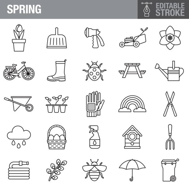 Spring Editable Stroke Icon Set A set of editable stroke thin line icons. File is built in the CMYK color space for optimal printing. The strokes are 2pt black and fully editable, so you can adjust the stroke weight as needed for your project. rainbow icons stock illustrations