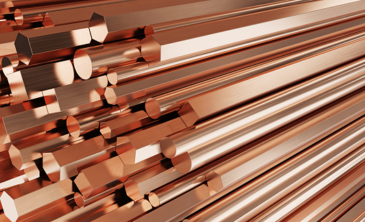 Copper metal products. Stack of round, square, hexagonal copper rods. 3d illustration.