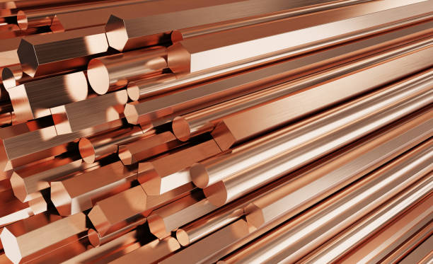 Copper metal products. Stack of round, square, hexagonal copper rods. Copper metal products. Stack of round, square, hexagonal copper rods. 3d illustration. bronze alloy stock pictures, royalty-free photos & images