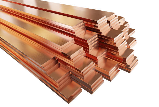 istock Stack of copper flat bars, rolled metal product. Clipping path included. 1220653587