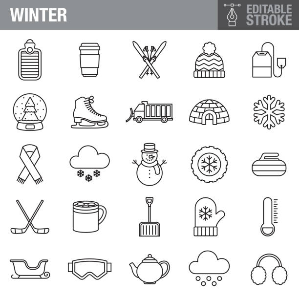 Winter Editable Stroke Icon Set A set of editable stroke thin line icons. File is built in the CMYK color space for optimal printing. The strokes are 2pt black and fully editable, so you can adjust the stroke weight as needed for your project. winter icons stock illustrations