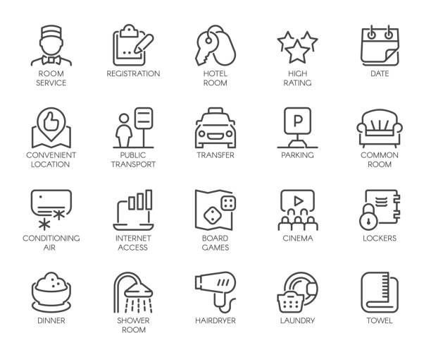 ilustrații de stoc cu set de 20 de icoane linie de room service. etichete de contur pentru hanul hotelului, pensiuni, apartamente, site-uri de rezervări condominiu și aplicații. ilustrație cu schiță vectorială - han