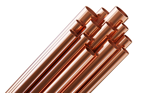 Copper pipes isolated on white background. Clipping path included. 3D illustration