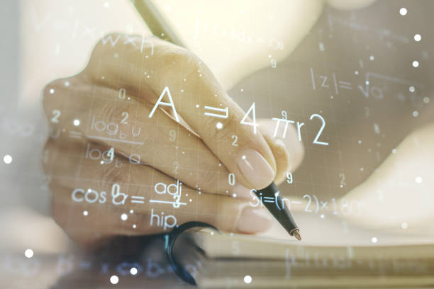 istock Creative scientific formula illustration with woman hand writing in diary on background, science and research concept. Multiexposure 1220657420