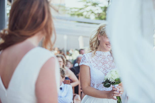 Smiling Bride Approaching The Altar.