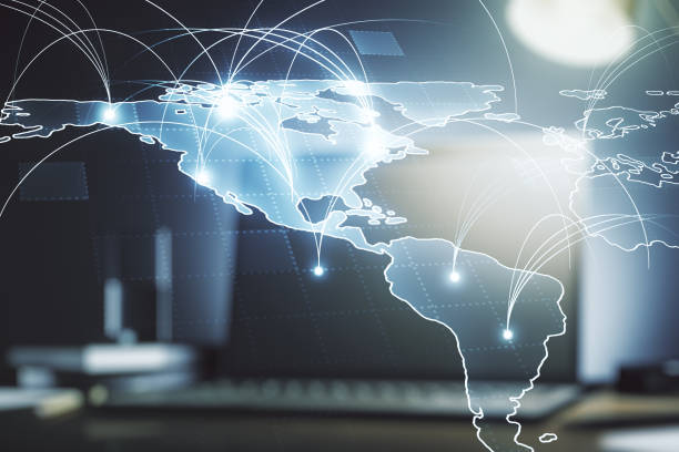 istock Double exposure of abstract digital world map with connections on computer background, big data and blockchain concept 1220658845