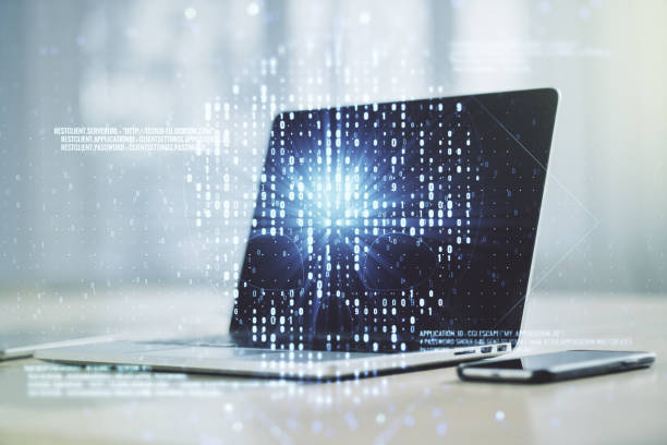 Double exposure of creative code skull hologram on laptop background. Malware and cyber crime concept Double exposure of creative code skull hologram on laptop background. Malware and cyber crime concept synthetic identity theft stock pictures, royalty-free photos & images