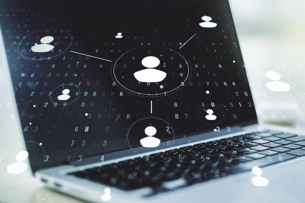 istock Double exposure of social network icons concept with computer on background. Networking concept 1220662854
