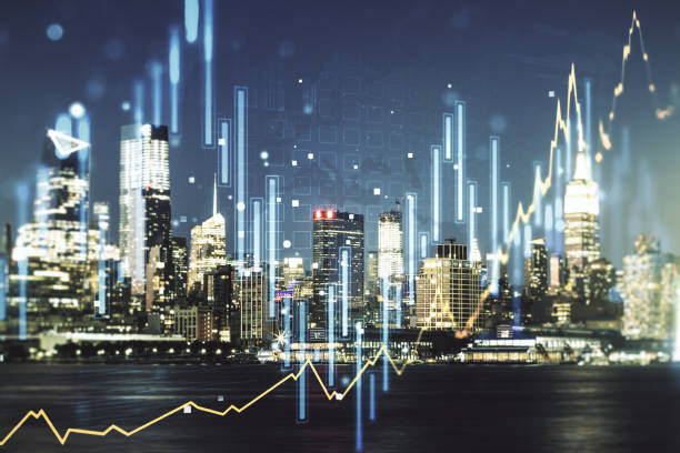 istock Multi exposure of virtual creative financial chart hologram on New York skyscrapers background, research and analytics concept 1220663077