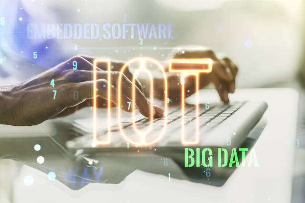 istock Double exposure of creative IOT hologram with hands typing on laptop on background, research and development concept 1220664021