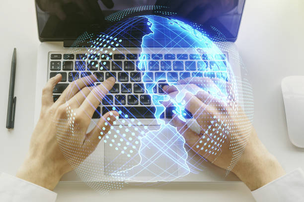 istock Digital America map and hands typing on computer keyboard on background, global technology concept. Multiexposure 1220664072