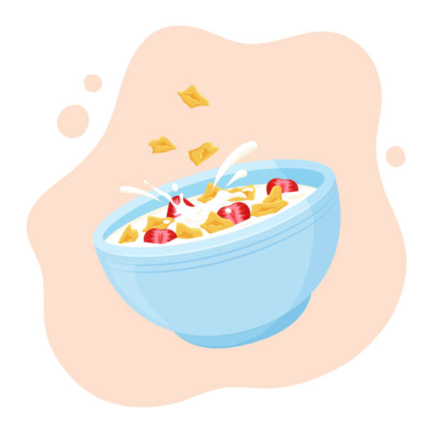 illustrations, cliparts, dessins animés et icônes de petit déjeuner au lait en flocons de céréales. bol en céramique roulé avoine avec fraise. nourriture saine pour les enfants. vecteur - muesli