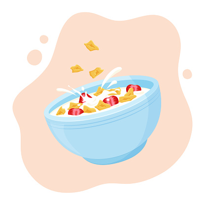 Cereal flake milk breakfast. Ceramic bowl rolled oats with strawberry. Healthy food for kids. Vector illustration