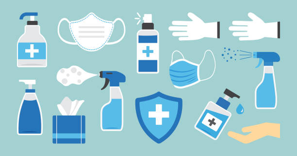 Disinfection. Hand hygiene. Set of hand sanitizer bottles, washing gel, spray, wipes, liquid soap, gloves. PPE personal protective equipment. Vector Disinfection. Hand hygiene. Set of hand sanitizer bottles, washing gel, spray, wipes, liquid soap, gloves. PPE personal protective equipment. Vector illustration antiseptic stock illustrations