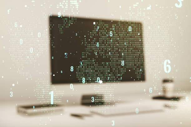 istock Multi exposure of abstract software development hologram with world map on laptop background, global research and analytics concept 1220665158
