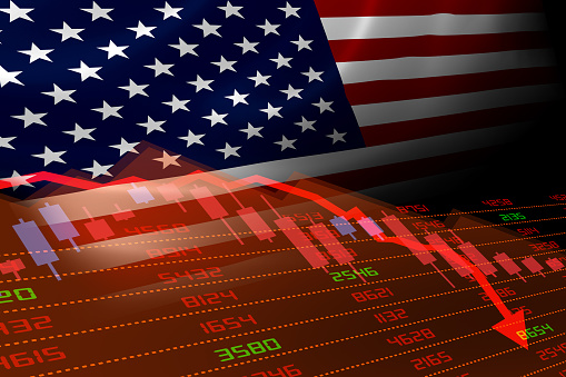 United States economic downturn with stock exchange market showing stock chart down and in red negative territory. Business and financial money market crisis concept in the U.S.