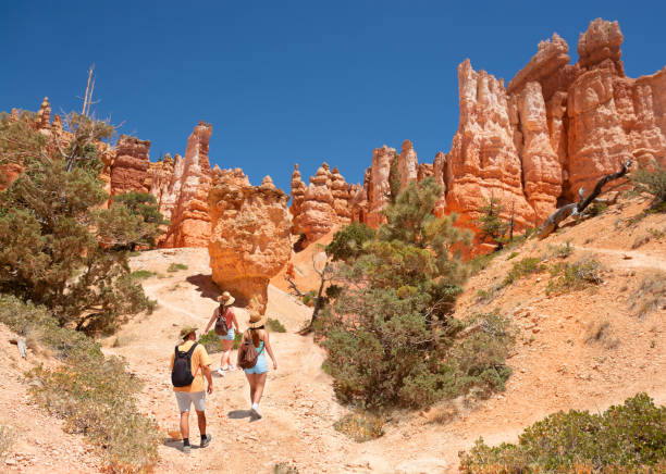 istock Family exploring Utah on summer vacation hiking trip. 1220667160