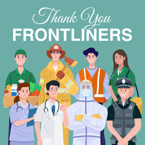 Thank You Frontliners Concept. Various occupations people wearing face masks. Vector eps 10 paramedic stock illustrations