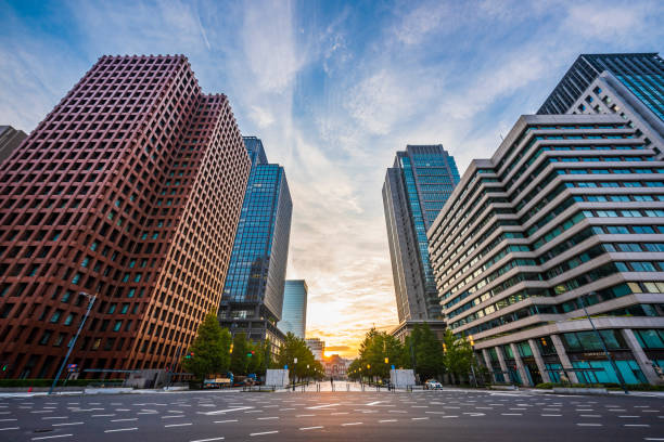 東京の夜明けの空。 - オフィス街　日本 ストックフォトと画像