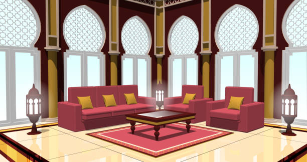 arabisches wohnzimmer in perspektivischer ansicht - teppichboden couch stock-grafiken, -clipart, -cartoons und -symbole