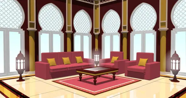 Vector illustration of Arabic Style Living Room In Perspective View