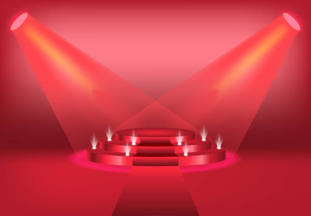istock Podium with curtain on bright background. empty pedestal for award , red carpet and light studio. ceremony champion platform illustration template 1220677333