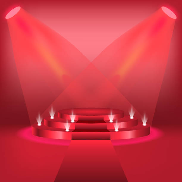 istock Podium with curtain on bright background. empty pedestal for award , red carpet and light studio. ceremony champion platform illustration template 1220677540