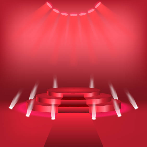 istock Podium with curtain on bright background. empty pedestal for award , red carpet and light studio. ceremony champion platform illustration template 1220678085