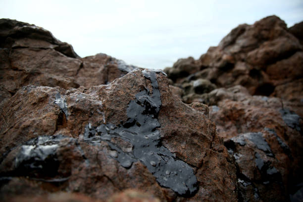 масло мача видно на пляже рио вермельхо - oil rig brazil oil industry petroleum стоковые ф�ото и изображения