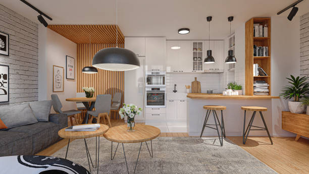 istock Modern living room connected to kitchen 1220679896