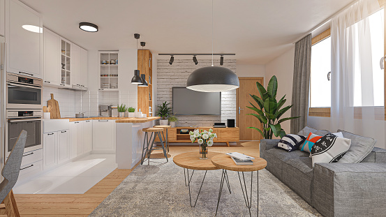 Render of a beautiful white domestic living room and kitchen with wooden elements.